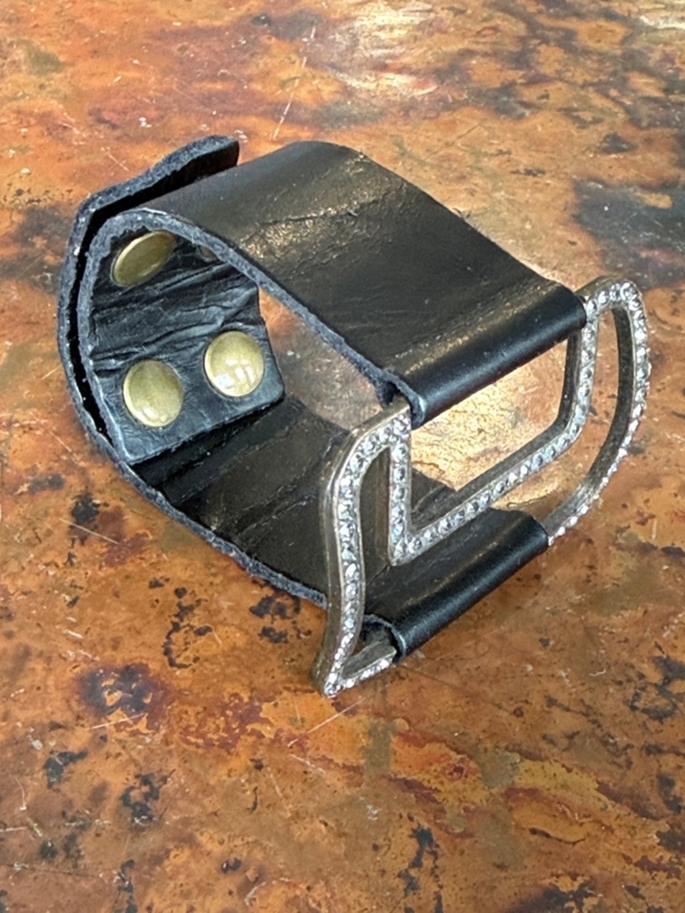 Black Leather Cuff Bracelet with Crystal-Embellished Bronze Buckle 2 Snap Close - Picture 7 of 11